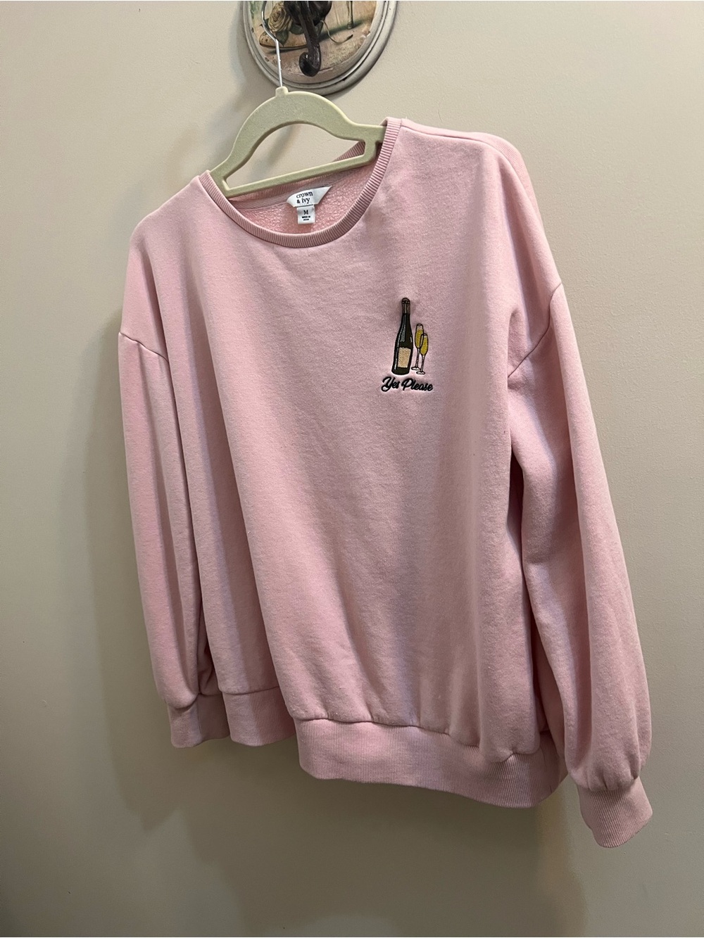 crown & ivy Pink Crewneck Sweater with Champagne Embroidery Size M